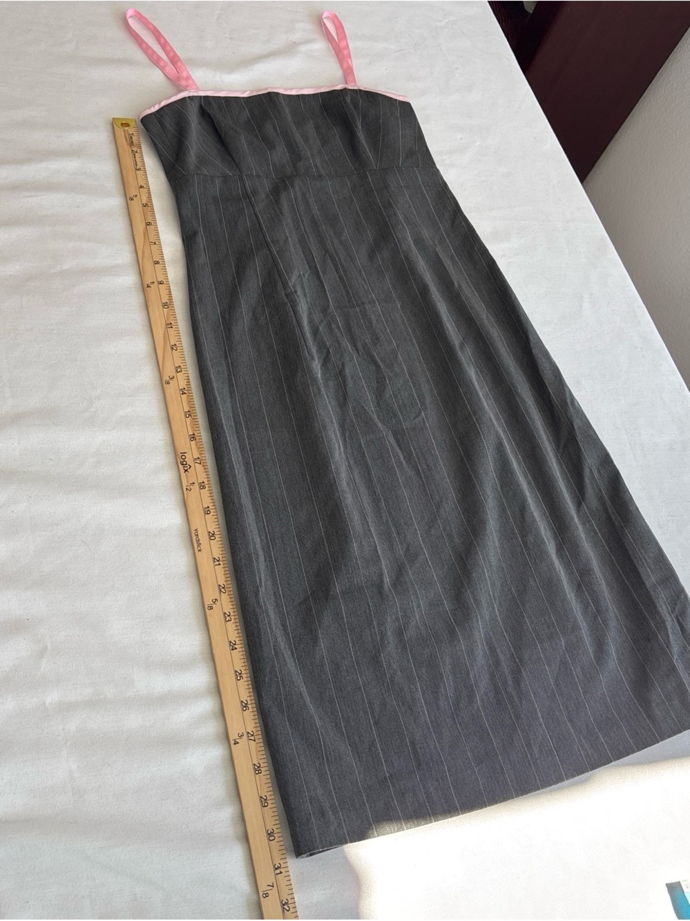 Dark Gray Pinstripe Sheath Dress with Pink Trim - Picture 3 of 10